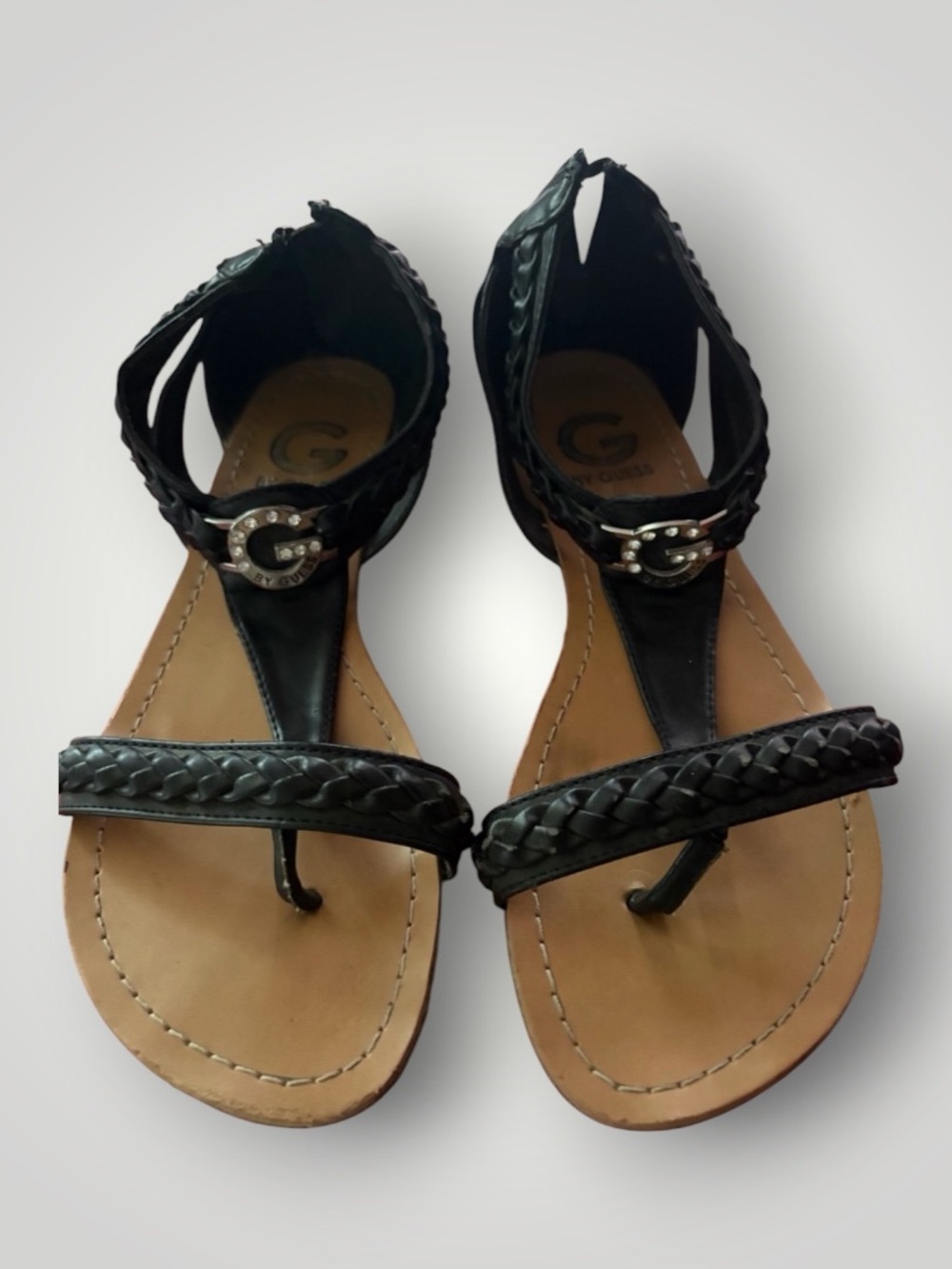 G by Guess Black Braided T-Strap Sandals with Rhinestone G Buckle